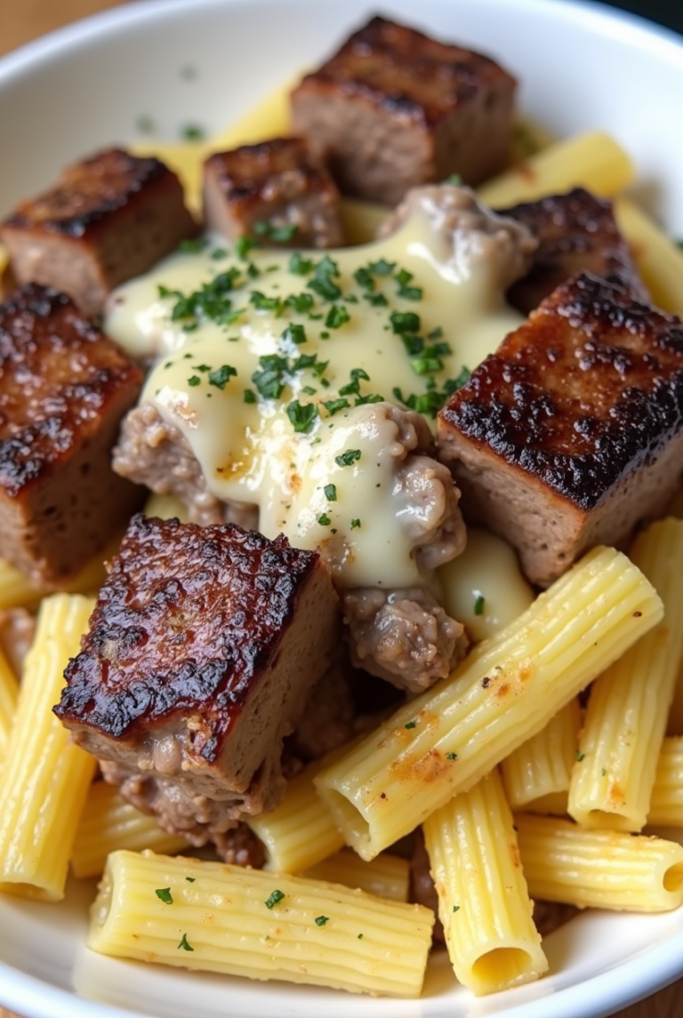 Garlic Butter Steak Tips with Cheesy Rigatoni