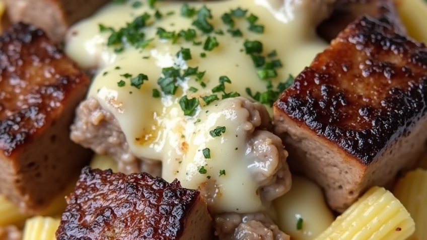 Garlic Butter Steak Tips with Cheesy Rigatoni