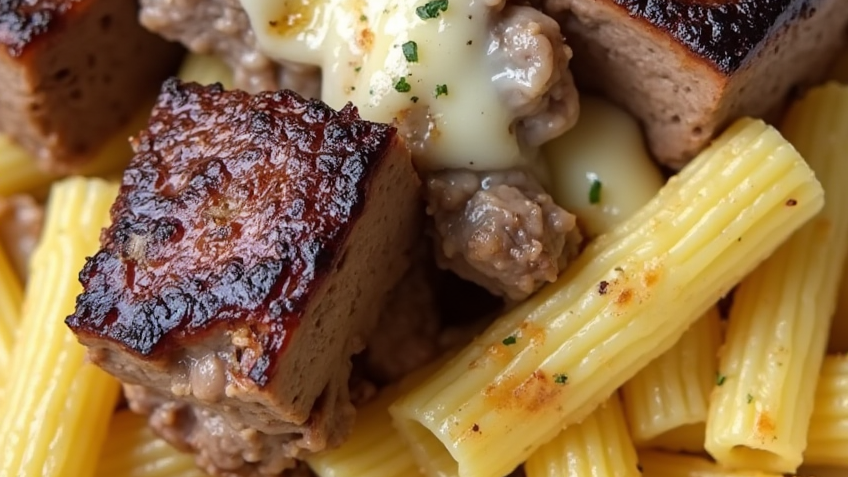 Garlic Butter Steak Tips with Cheesy Rigatoni