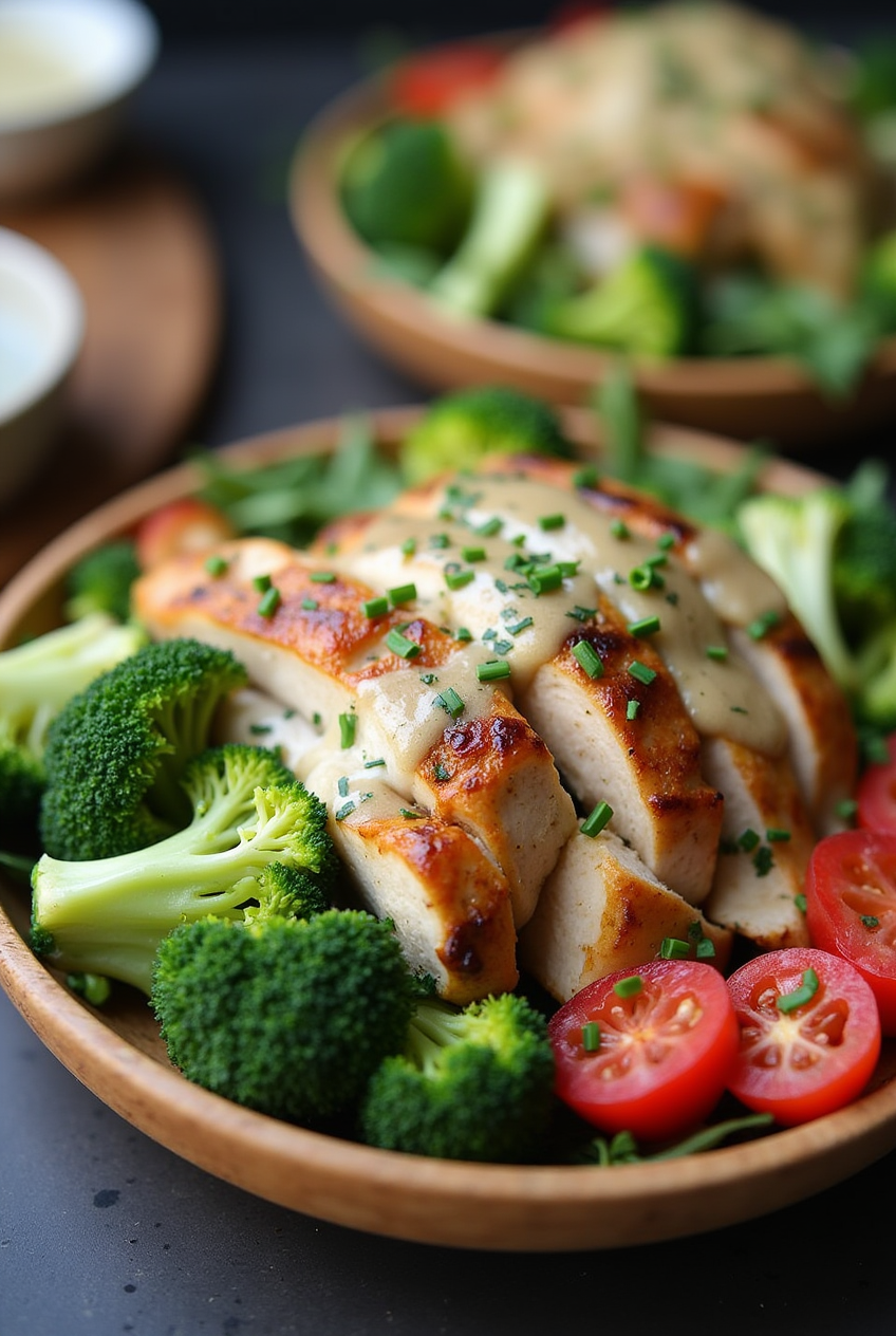 Grilled Chicken & Broccoli Bowls with Creamy Garlic Sauce-