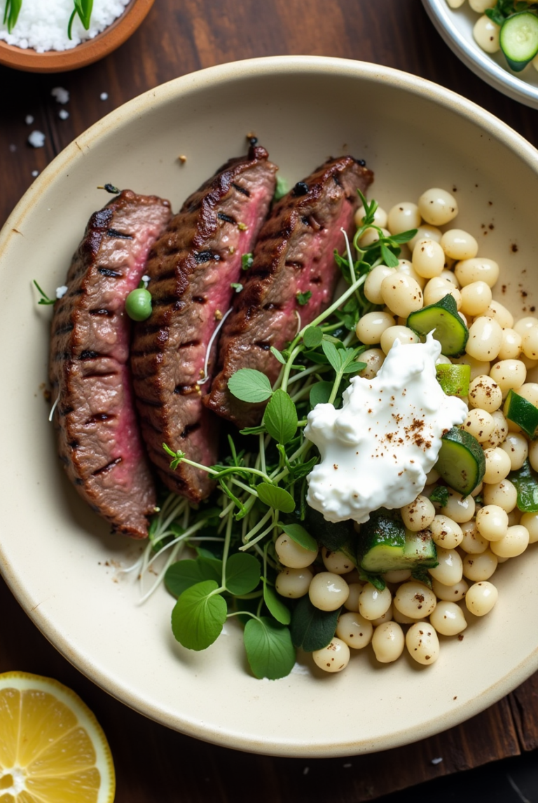 Grilled Skirt Steak with Lemon Herb Couscous Salad-