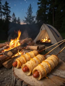 Campfire Hot Dogs on Sticks Wrapped in dough and cheese