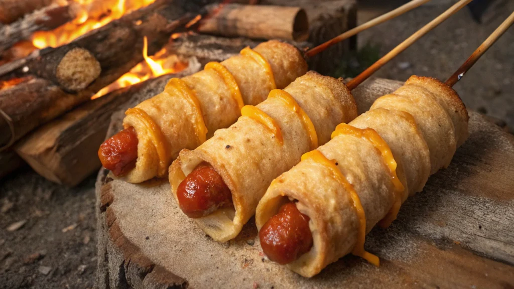Campfire Hot Dogs on Sticks Wrapped in dough and cheese
